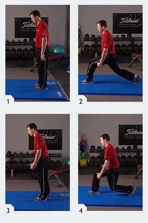 Front Lunges From a standing position start by taking a large step forward with your right foot.