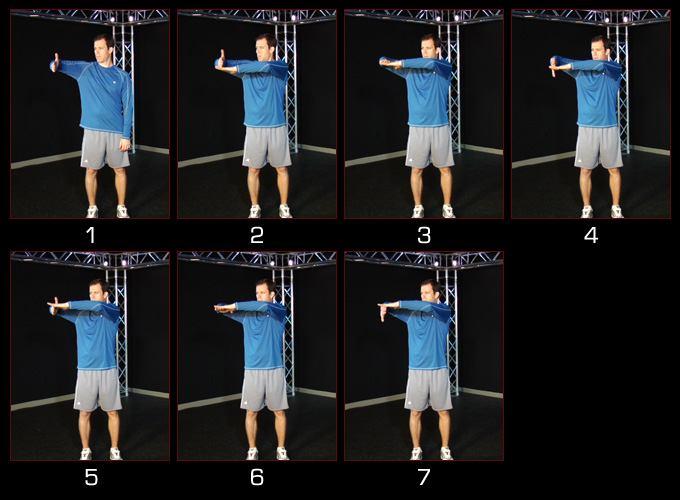 House Box Presses Begin by getting into a standing position with no lower back arch. Next raise one arm directly to the side, approximately to shoulder level.