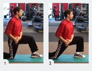 Kneeling Lunge In a kneeling position with your right knee in front, keep the hips square and bend the right knee, bringing your weight into your right leg.