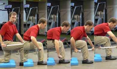 Search and Destroy Begin by getting into the Half Kneeling position and with a massage stick, a golf shaft, or any broom handle like object you can begin massaging the backs of the calf muscle.