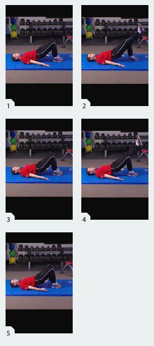 Supine Bridge with Leg Extension Lying flat on your back with your knees bent and your feet flat on the ground, extend your arms out to your side.
