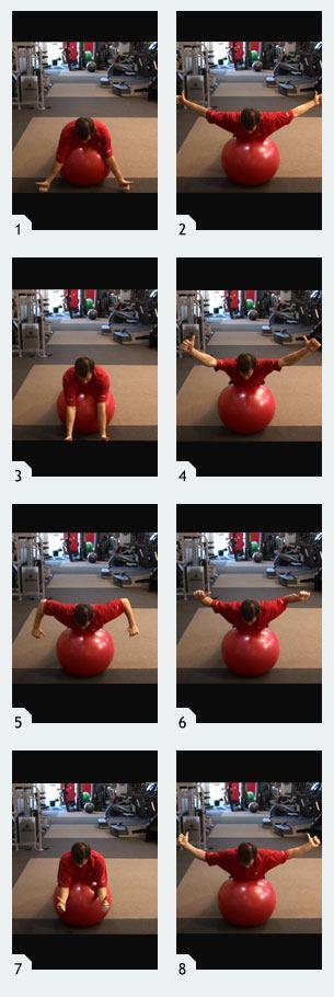 TYLW s Lie face down on a Swiss Ball with your legs spread apart for support and your lower rib cage on top of the ball.