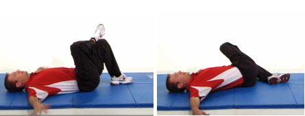 Crossover Hip Stretch Begin this drill by laying flat on your back with both knees up and feet flat on the ground.