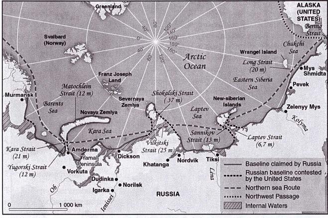 (iv) Legal status of straits within the Northern Sea Route + The United States also contests Russia s claim to internal waters status of the