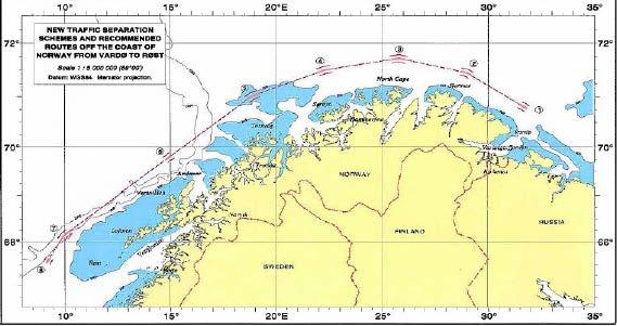 + Protective routeing measures are very limited in Arctic waters Off Northern Norway * Traffic separation schemes and recommended routes established through IMO effective on 1 July 2007 * Tankers