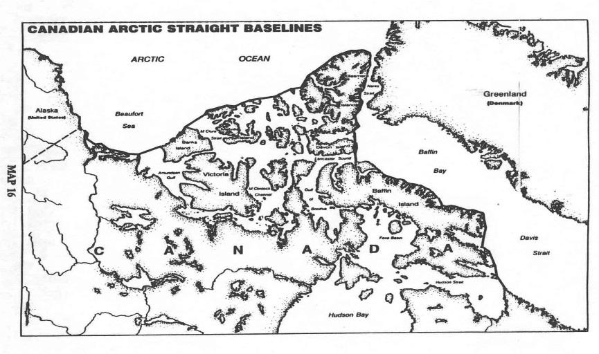 (ii) Legal Status of the Northwest Passage + Canada maintains the NWP consists of internal waters - Drew straight baselines around the Canadian Arctic Archipelago, effective January 1, 1986 (full