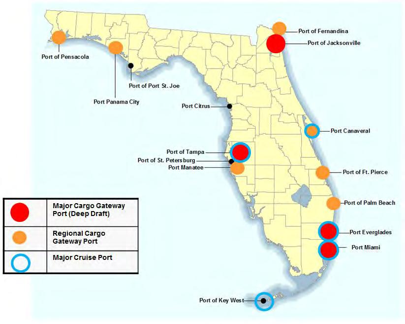 2. Seaports (Marine Transportation) a. Cargo Florida s fifteen deepwater ports are a critical part of the state s economy.