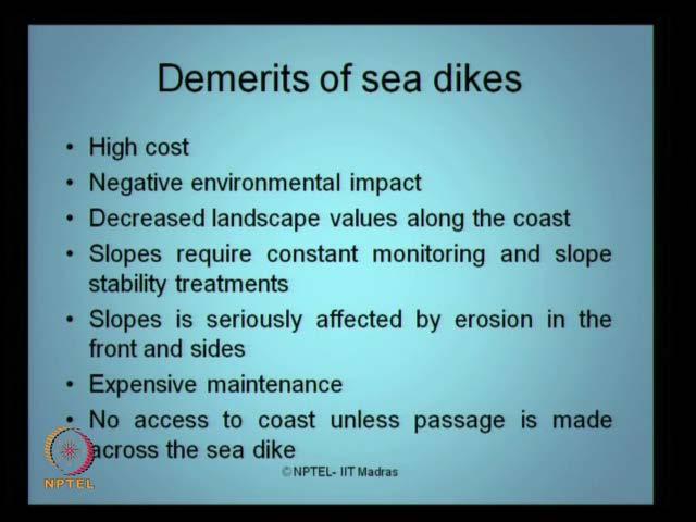 (Refer Slide Time: 04:53) There are of course, couple of demerits of sea dikes, let see what they are quickly.