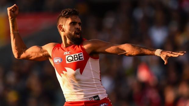 5 In May this year, Goodes celebrated a goal with an Aboriginal war dance. Cue the upset crowd. 5. Lewis Jetta Lewis Jetta celebrates his goal agains the West Coast Eagles on July 26, 2015.