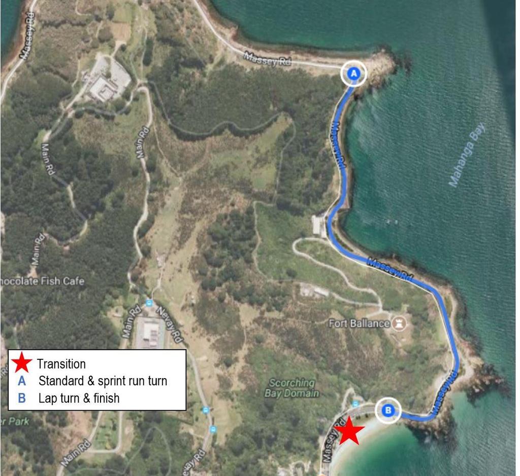 RUN COURSE The run course is an out and back heading north, with the turnaround at the big rock at Mahanga Bay Standard: 4x laps (10km) Sprint: 2x laps (5km) Short: 1x lap (2.5km) The roads are open.