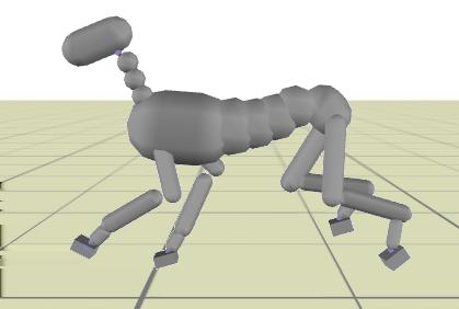 7 Results Implementation: Our model quadruped has the approximate dimensions of a female German shepherd dog. Figure 9 shows the display model, collision geometry and skeletal hierarchy.