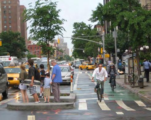 Pedestrian islands were constructed at intersections along First Avenue from Houston Street to 34th Street, and also on Second Avenue from 34th Street to 23rd Street, where street width allows.