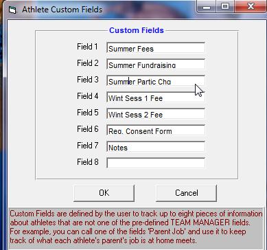 c. Go into the custom field setup and rename or label a field for each fee a swimmer pays. Additionally, you may want a field to keep track of registration forms received.