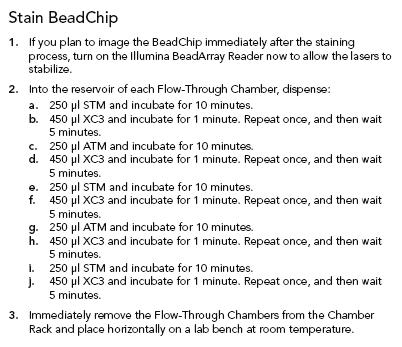 13 Remove Seal Residue under PB1 Wash BeadChip 1. After all the BeadChips have been in PB1 for at least one minute, place them into the Alignment Fixture as directed. 2.
