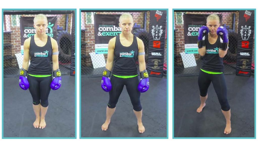 Forming the basic Boxing stance 1. Place feet together facing in the direction of the pad holder 2. Step across shoulder width apart with your dominant foot 3.