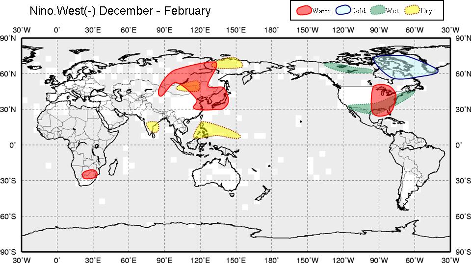 Impact of NINO.WEST on world climate (DJF) Impact of below-normal NINO.