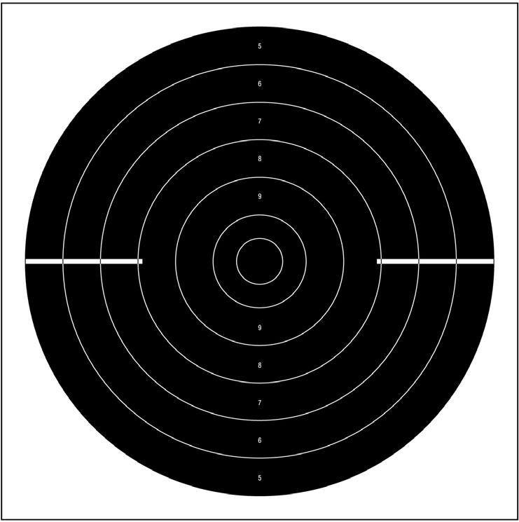 fs.mm.mm... m Rapid Fire Pistol Target (for the m Rapid Fire Pistol event and the Rapid Fire stages of the m Center Fire and m Pistol events): 0 ring 00 mm (±0. mm) ring 0 mm (±.0 mm) 9 ring 0 mm (±0.