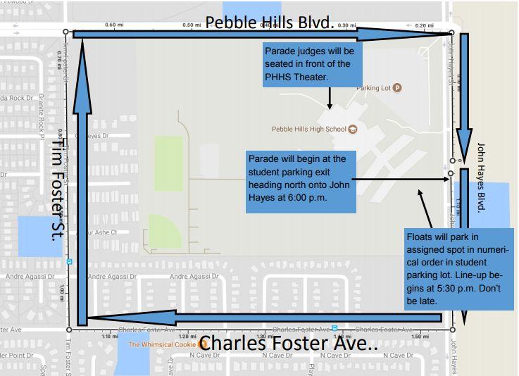 Pebble Hills High School Homecoming Parade Route Wednesday, October 18, 2017 Line-up begins at 5:30 PM. Parade starts at 6:00 PM. Turn-by-Turn Description 1.74 total miles 1.
