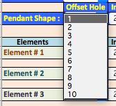 Figure 5 shows the Pendant Shape Offset Hole selections for the 8-Hole Joyner Chuck spreadsheet version and Figure 6 shows the Pendant Shape Offset Hole selections for the 10-Hole Joyner Chuck