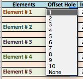 Figure 9 shows the Element Offset Hole selections for the 8-Hole Joyner Chuck spreadsheet version and Figure 10 shows the Element Offset Hole Selections for the 10-Hole Joyner