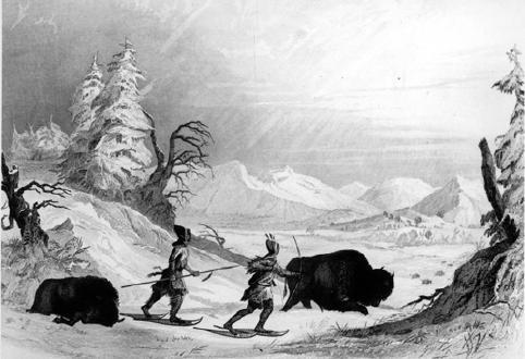 Hunting On Snowshoes The Indians in this drawing are hunting buffalo during the winter. The Indians shown here are using snow shoes to walk on top of the snow.