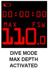 will be in FSW (feet-of-seawater) or MSW (meter-of-seawater) Long Press B Button to display max depth (Dive or Surface Mode) Max Depth