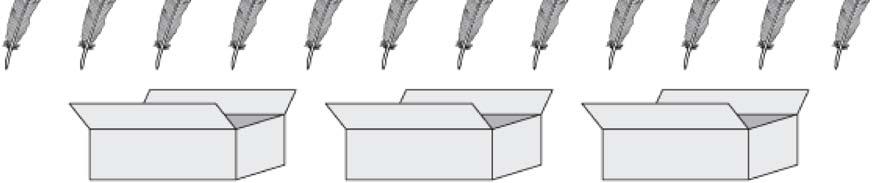 34. Bill had 12 feathers to put into 3 boxes. He put the same number of feathers in each box.