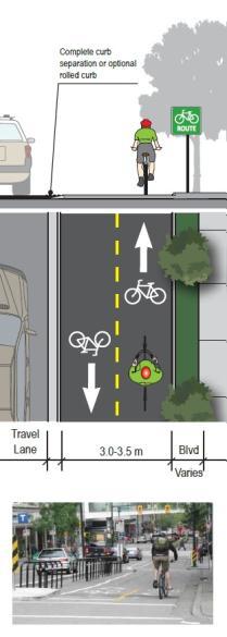 Cycle tracks can be either oneway or two-way, on one or both sides of a street, and are separated from vehicles and pedestrians by