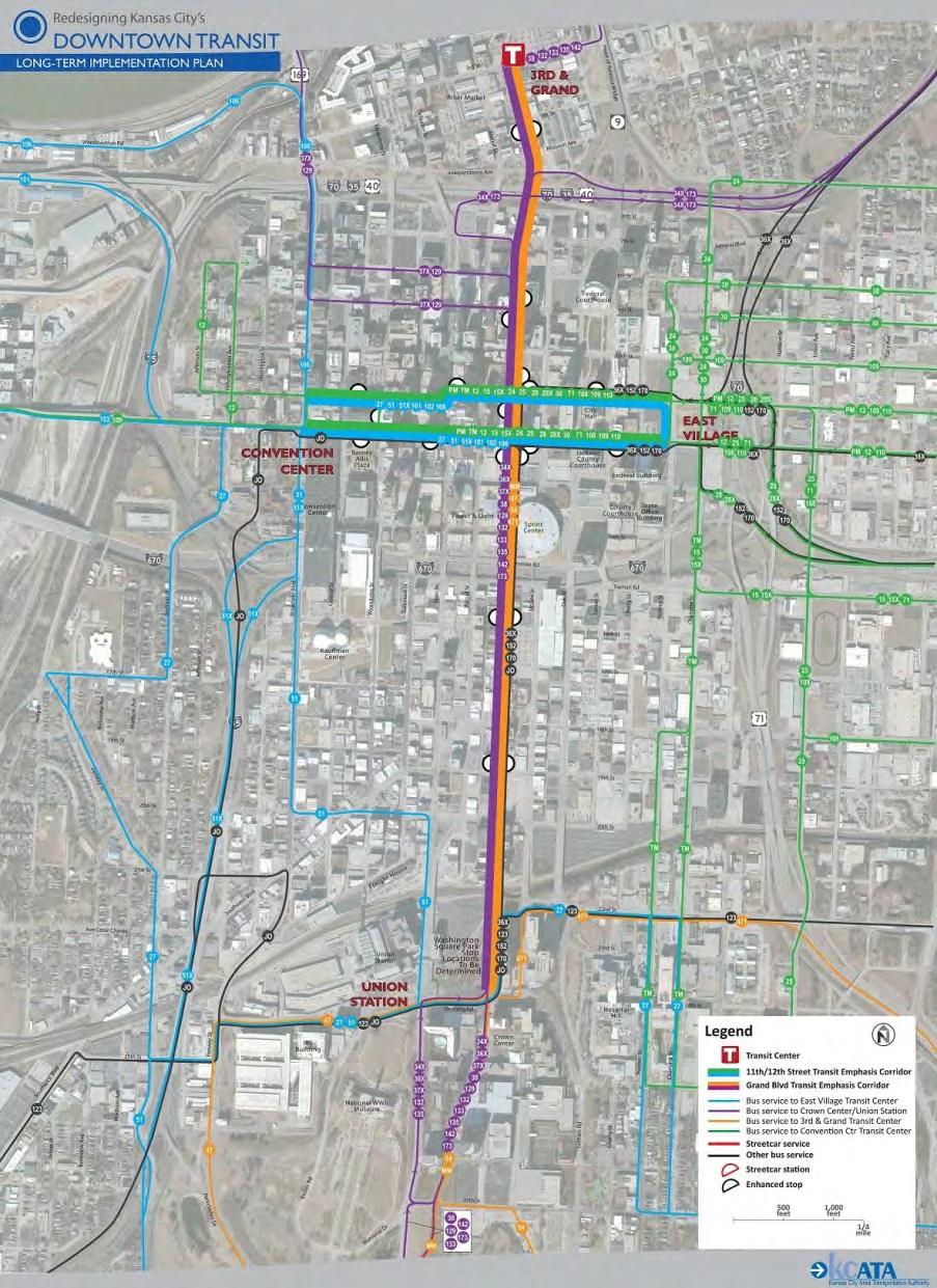 Long-Term Concept for Downtown Transit Transit Emphasis Corridors 11 th /12 th one-way pair Grand Boulevard Bus lanes (and bike