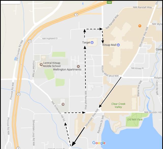 Whaling Days Parade Route Solid line is Parade route Dashed line is route to return to the Kitsap Mall (route subject to change) Performance areas are