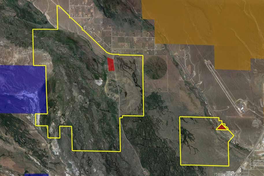 Mickelson Ranch Headquarters Aerial Map Blue shading represents Wyoming State land, while gold shading represents