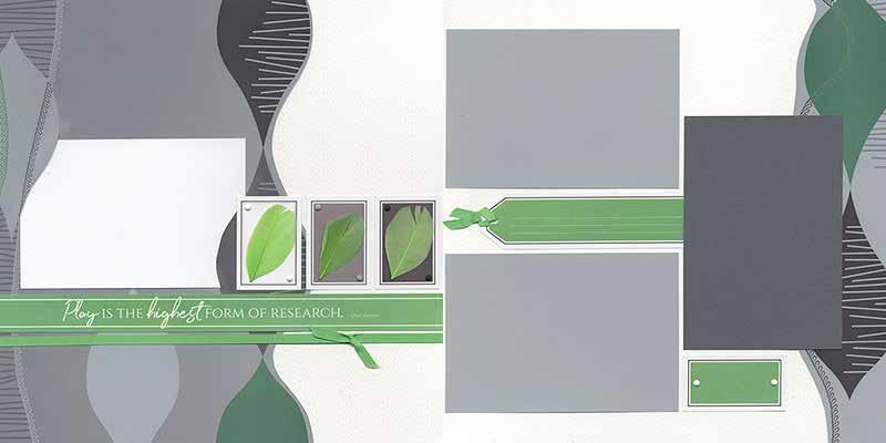 5x8.5 Dk. Gray Prints Dk. Gray Ribbon (2) Green Feathers Layouts 5 & 6 (2) 12x12 Gray Pattern Plains (LB & RB) (2) 4.25x6.25 Lt.