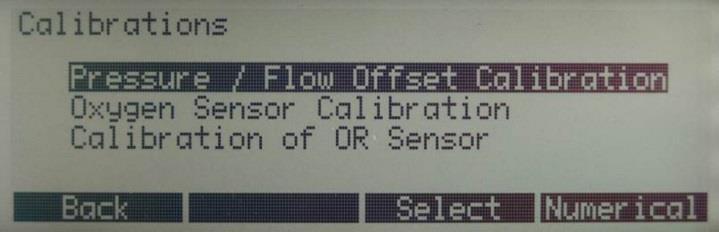 7.12 Calibrations All the pressure and flow sensors, the oxygen sensor and the MultiGasAnalyser TM OR-703 can be calibrated in this submenu. 7.12.1 Calibrating the Pressure and Flow Sensors These