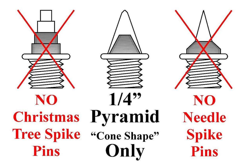 SPIKES The only spike pin allowed for our Track facility is the ¼ pyramid spike. ATHLETES WILL NOT RUN IF THEY DO NOT COMPLY WITH THIS RULE.