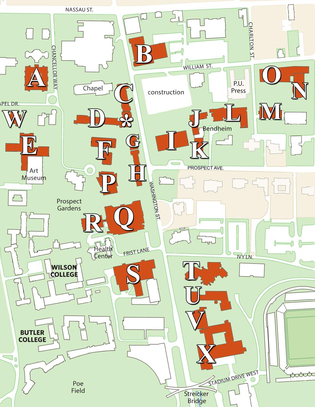Campus Building Map McCosh 50 * Whig (Reg) W 1879 Hall H Architecture F COS N Corwin Dickinson East Pyne Fine Fisher J C A U K Friend