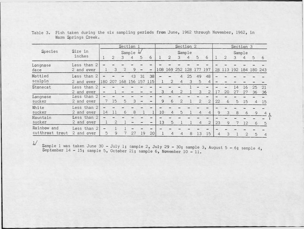 Table 3. Fish taken during the six sampling periods from June, 1962 through November, 1962, in Warm Springs Creek.