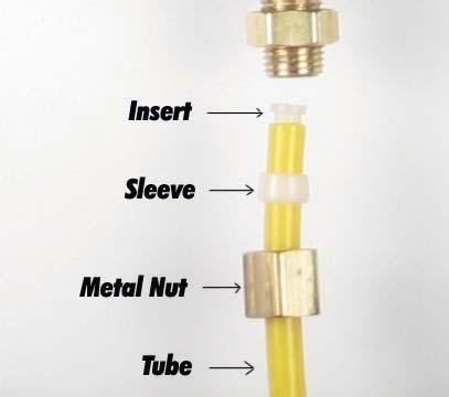 1B Important! Use plastic sleeve and inserts on the plastic tubing we provide. Do Not use metal sleeve or insert on plastic tubing or the connection will leak! How to connect: - See Fig.1B. Slide the compression nut onto the tubing.