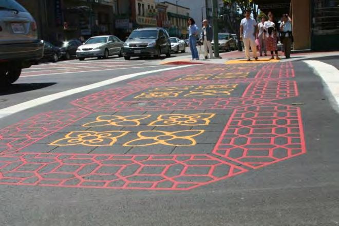 Crosswalks can also be installed using materials to add color and texture helping to give unique character to the