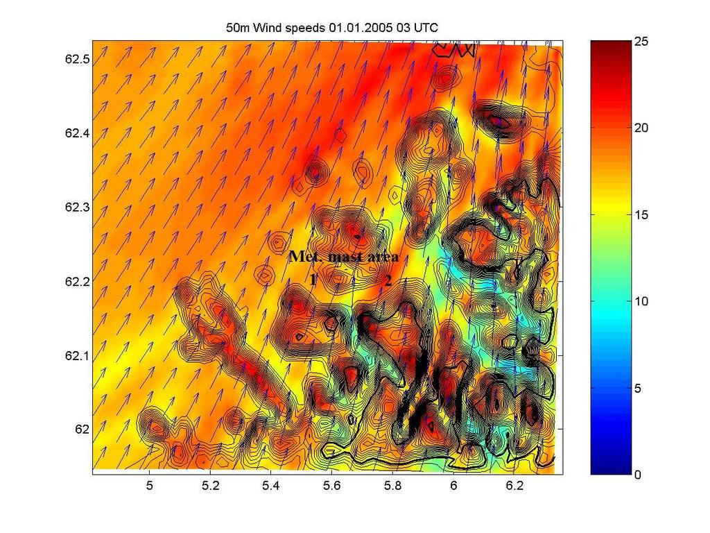 Figure 11: Wind speed at 50 m height at 03 UTC 01.01.2005. WRF-run with 1 km horizontal resolution. Height contours (black lines) are drawn every 30 m.