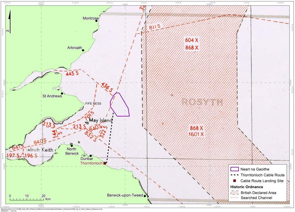 Figure 20.1: Minefields chart for the Neart na Gaoithe Offshore Wind Farm (Source: UKHO) Figure 20.2: Armament training area map in 1945 