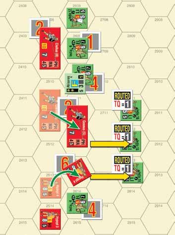 The Indian player moves the unit two hexes in the direction of the Indian retreat edge. In the Hypaspist combat, both the Hypaspist and the India LI have hit their rout threshold.