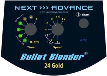 Example: The figure above shows the Bullet Blender Gold set to run for 4 minutes at a speed of 8, after running for 2 minutes. To operate, press the START button.
