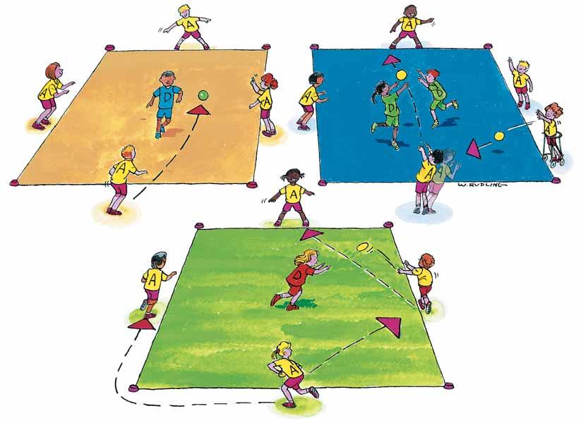 4v1 Use two defenders to make it harder for the attackers Start with five players. In Use teams an area of four: approx striker, 9m x feeder 9m. and two fielders. Four attackers stay outside the area.