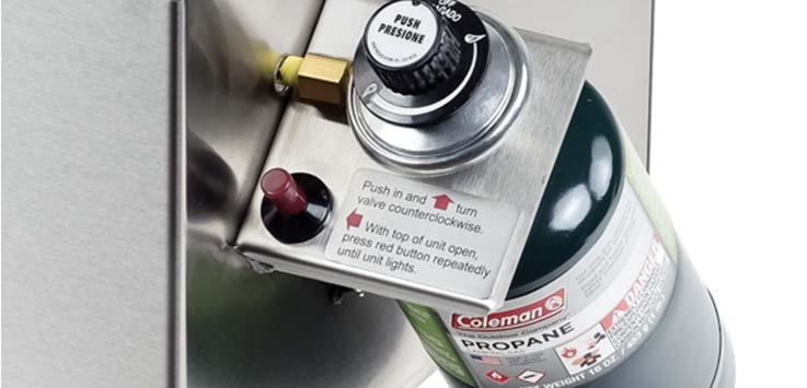 Carefully connect propane source as directed on page 5. Do not cross threads by putting bottle in crooked.