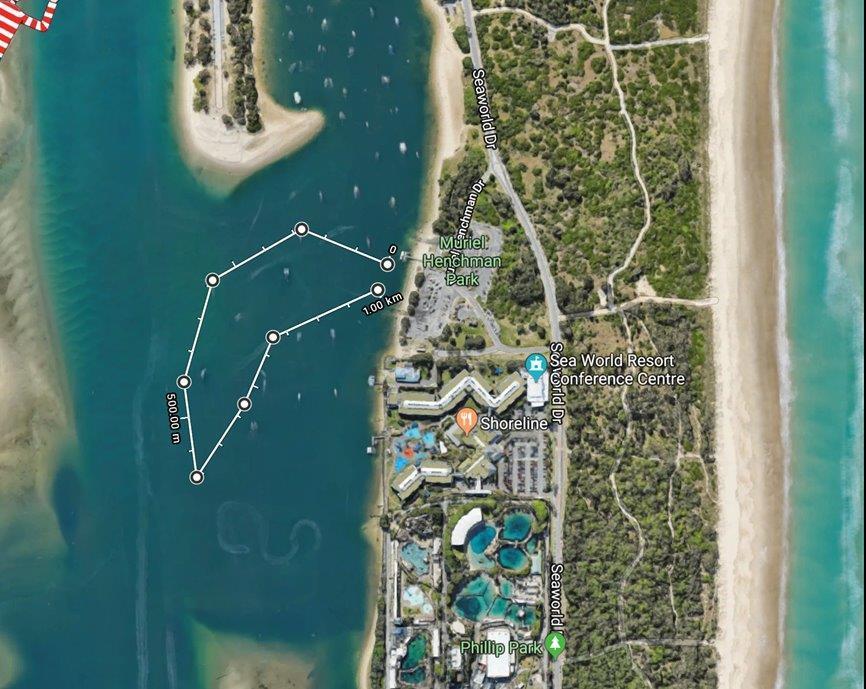 Juniors Minnows OC6 1KM Start at VMR shore front. Follow the 1km course. Facing west towards the sandbars and turn left facing south at the marked buoy.