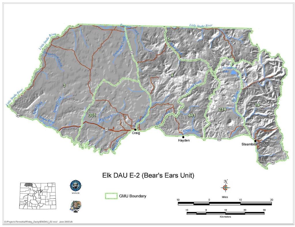 DESCRIPTION OF DAU LOCATION The E-2 DAU is located in northwest Colorado and includes 7 game management units (GMU); 3, 301, 4, 5, 14, 214, and 441 (Figure 2).