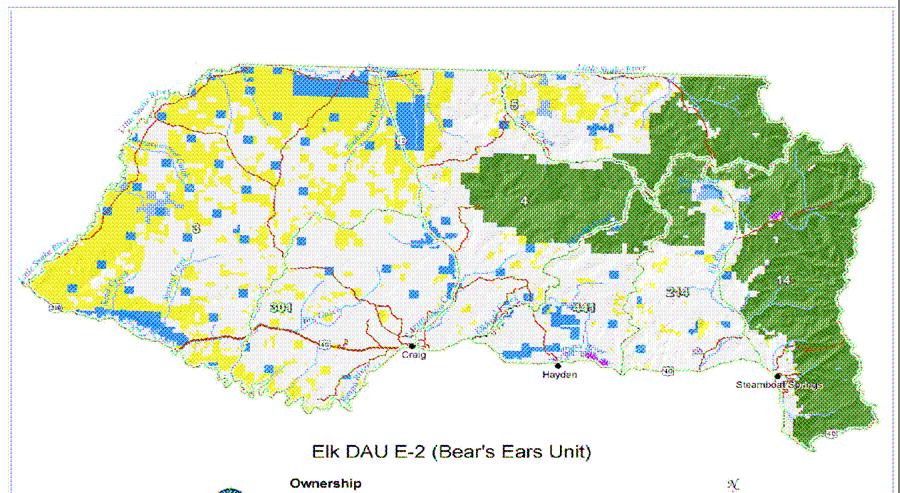 DAU E-2 Bear's Ears Elk Herd Land Status PVT 50.4% Wilderness Areas 3.9% SLB 5.1% SWA 0.3% Recreation Areas 0.2% NF 21.0% BLM 19.0% Figure 2. Surface land status for the Bear s Ears DAU E-2.