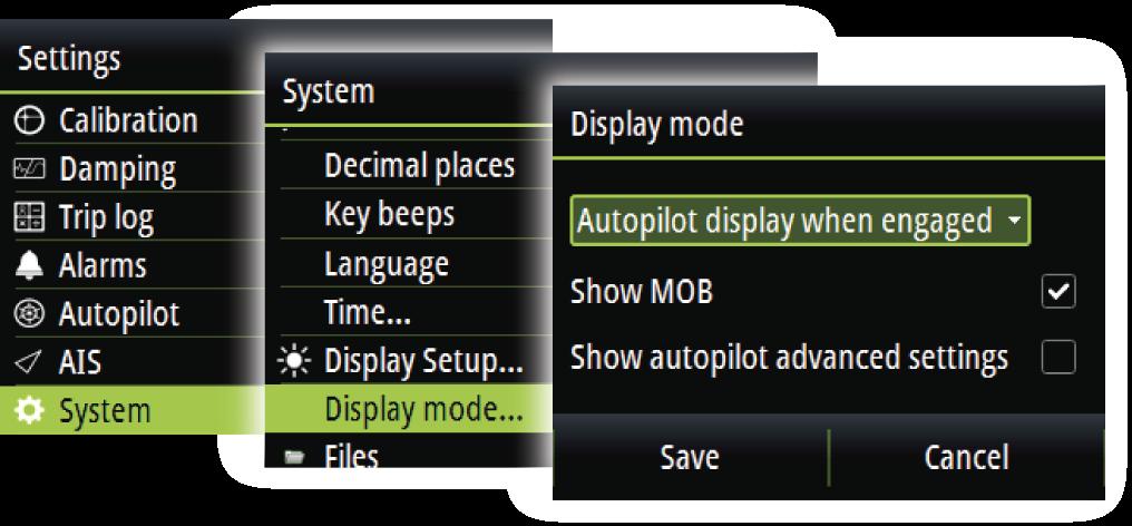 The display setup can be adjusted at any time from the Display setup dialog, activated by pressing and holding the MENU key.