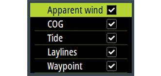 wind angle - Manual: Used for manually entering the upwind and downwind values Layline limits: Shaded areas indicating the