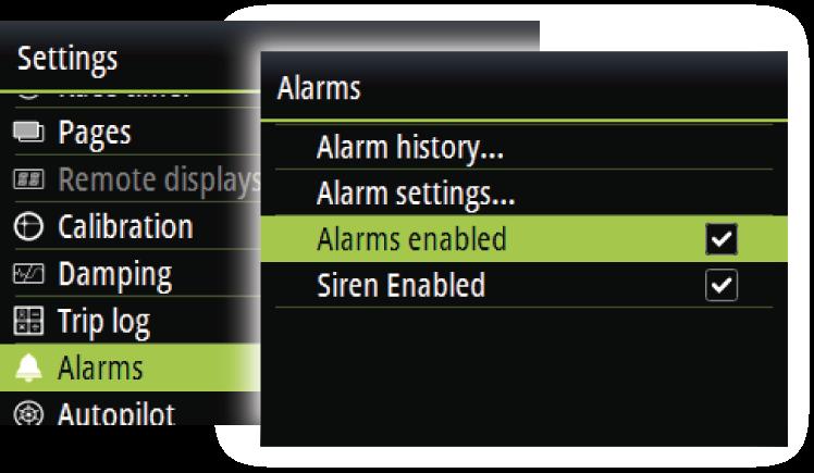 Enabling the alarm system and the alarm siren You enable the alarm system and the alarm siren from the Alarms menu.